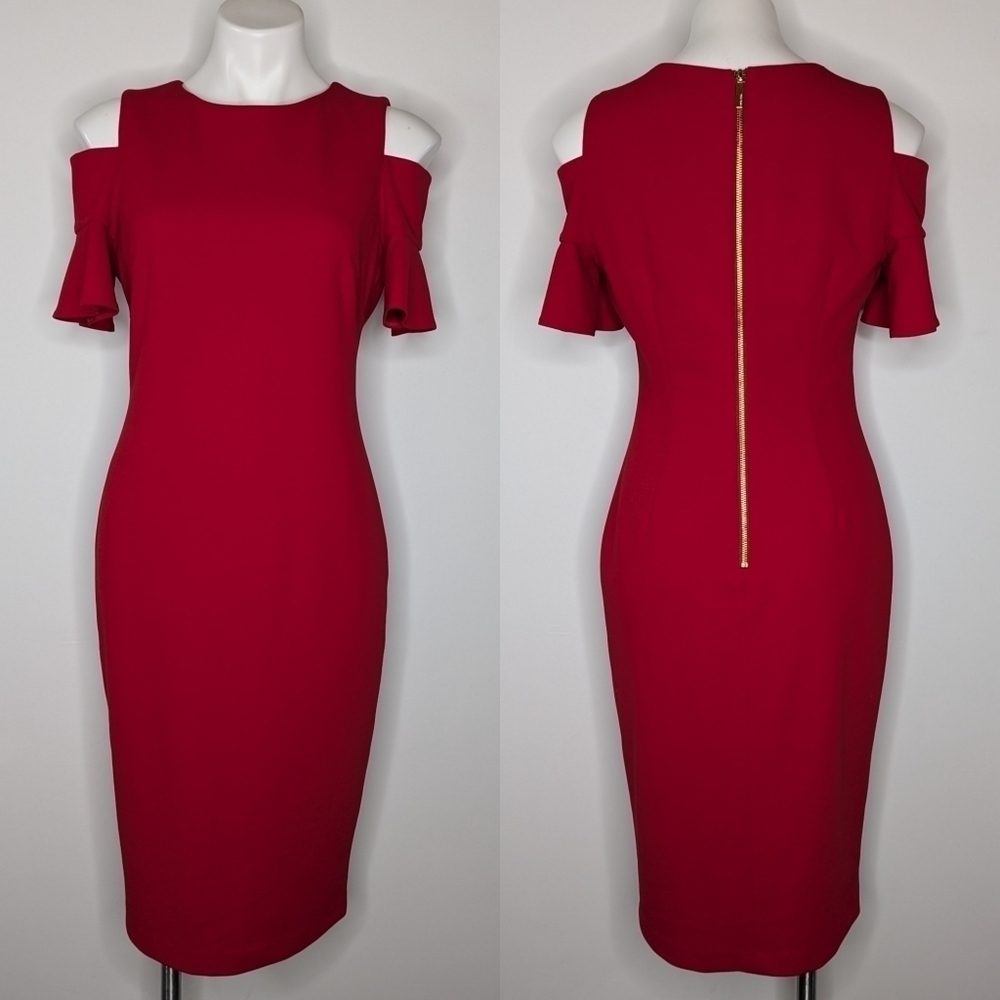 Calvin Klein red gold short sleeve cold shoulder sheath dress 6